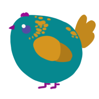 A teal and ochre chicken with a neck-speckle pattern