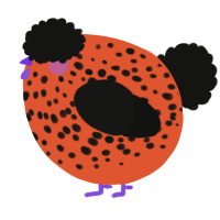 A vermilion and black chicken with a speckle pattern