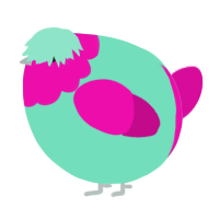 A mint and fuchsia chicken with a head pattern