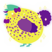 A yellow and blurple chicken with a speckle pattern