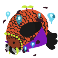 A vermilion and sable chicken with a lace pattern