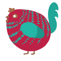 A crimson and turquoise chicken with a bar pattern