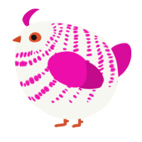 A white and fuchsia chicken with a bar pattern