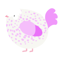 A white and lavender chicken with a speckle pattern