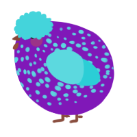 A violet and aqua chicken with a speckle pattern