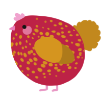 A crimson and ochre chicken with a speckle pattern