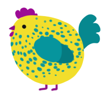 A yellow and teal chicken with a speckle pattern
