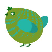 A chartreuse and turquoise chicken with a bar pattern