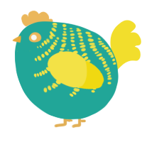 A turquoise and yellow chicken with a half-bar pattern
