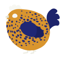 A orange and navy chicken with a speckle pattern