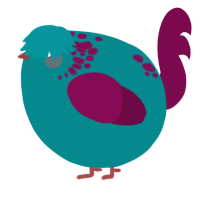 A teal and wine chicken with a neck-speckle pattern