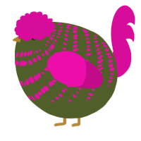 A olive and fuchsia chicken with a bar pattern