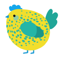 A yellow and turquoise chicken with a speckle pattern