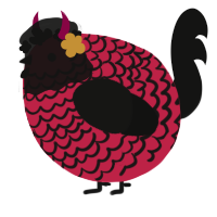 A crimson and black chicken with a lace pattern