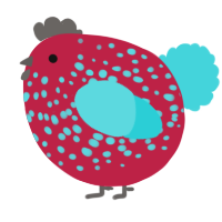 A crimson and aqua chicken with a speckle pattern