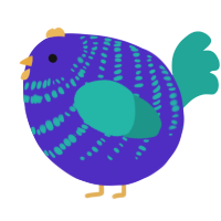 A indigo and turquoise chicken with a bar pattern
