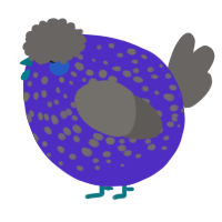 A indigo and grey chicken with a speckle pattern
