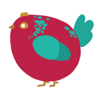 A crimson and turquoise chicken with a neck-speckle pattern