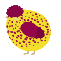 A yellow and maroon chicken with a speckle pattern