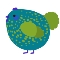 A sea and chartreuse chicken with a speckle pattern