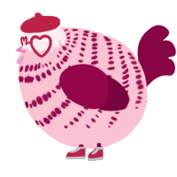 A rose and maroon chicken with a bar pattern