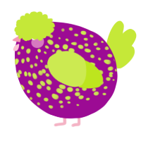 A plum and lime chicken with a speckle pattern