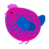 A fuchsia and ultramarine chicken with a speckle pattern