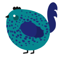 A teal and navy chicken with a speckle pattern