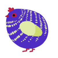 A indigo and lemon chicken with a bar pattern