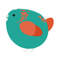 A turquoise and vermilion chicken with a neck-speckle pattern