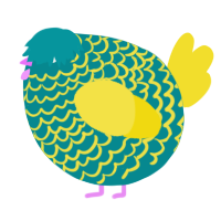 A teal and yellow chicken with a lace pattern