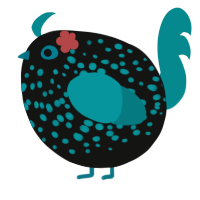 A black and teal chicken with a speckle pattern