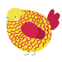 A yellow and crimson chicken with a lace pattern