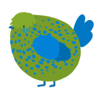 A chartreuse and sapphire chicken with a speckle pattern