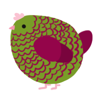 A chartreuse and maroon chicken with a lace pattern