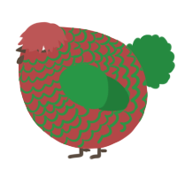 A red and viridian chicken with a lace pattern