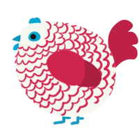 A white and crimson chicken with a lace pattern