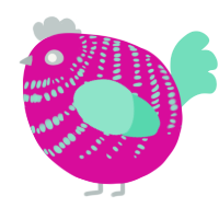 A fuchsia and mint chicken with a bar pattern