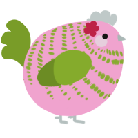 A pink and chartreuse chicken with a bar pattern