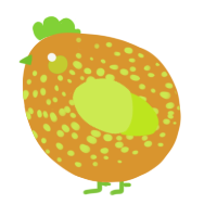 A orange and lime chicken with a speckle pattern