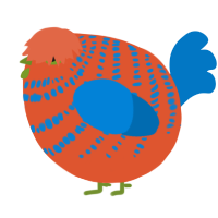 A vermilion and sapphire chicken with a bar pattern