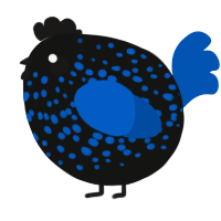 A black and ultramarine chicken with a speckle pattern