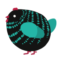 A black and turquoise chicken with a bar pattern