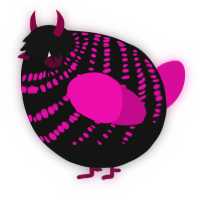 A black and fuchsia chicken with a bar pattern