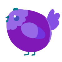 A violet and blurple chicken with a head pattern