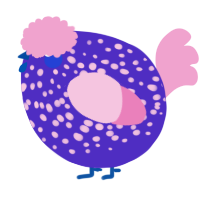 A indigo and pink chicken with a speckle pattern