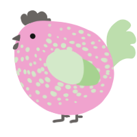 A pink and gluppy chicken with a speckle pattern