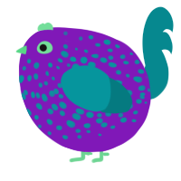 A violet and teal chicken with a speckle pattern