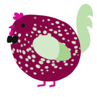 A maroon and gluppy chicken with a speckle pattern