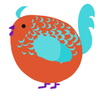 A vermilion and aqua chicken with a half-lace pattern